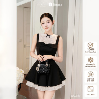 Set áo ren kim sa cổ sen layer phối mini dress 2 dây đen form xòe bồng, phong cách tiểu thư cổ điển KS280