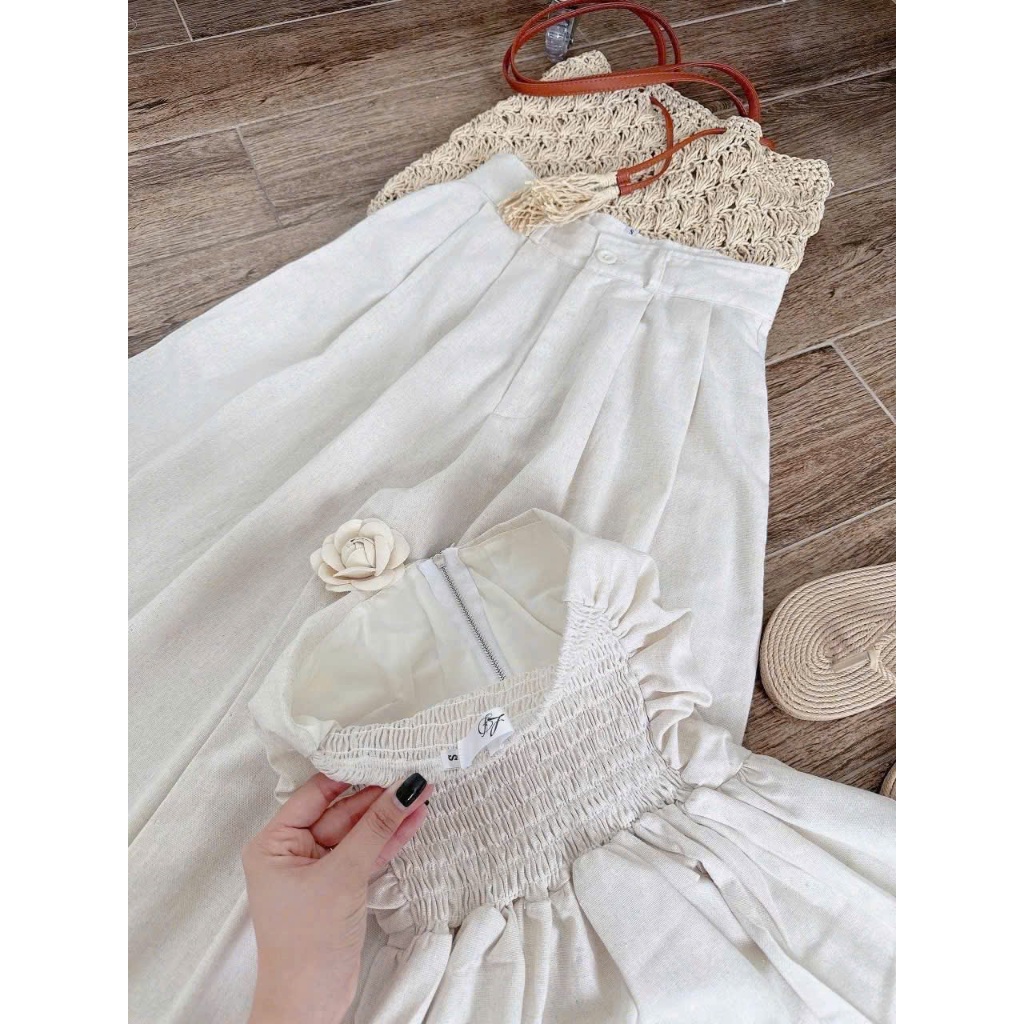 set đồ nữ 2 món sang trọng_áo quây peplum + quần ống rộng lưng cao chất vải đũi mềm mát