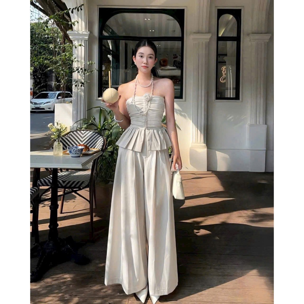 set đồ nữ 2 món sang trọng_áo quây peplum + quần ống rộng lưng cao chất vải đũi mềm mát