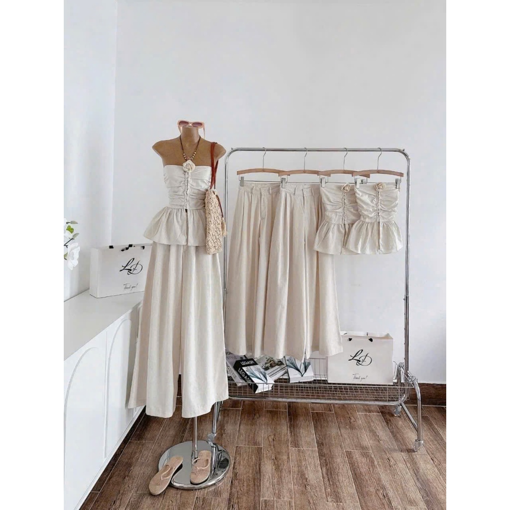 set đồ nữ 2 món sang trọng_áo quây peplum + quần ống rộng lưng cao chất vải đũi mềm mát