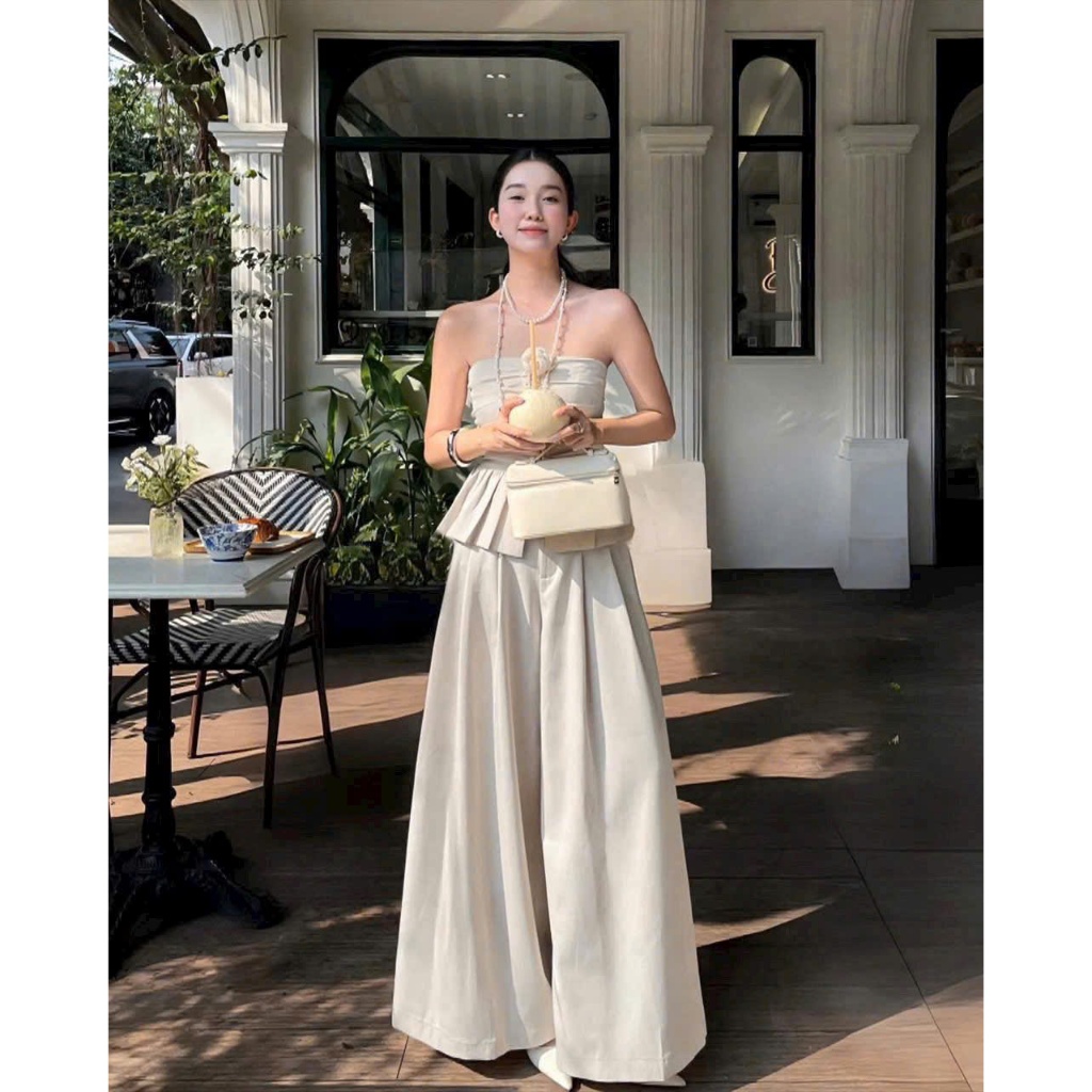 set đồ nữ 2 món sang trọng_áo quây peplum + quần ống rộng lưng cao chất vải đũi mềm mát