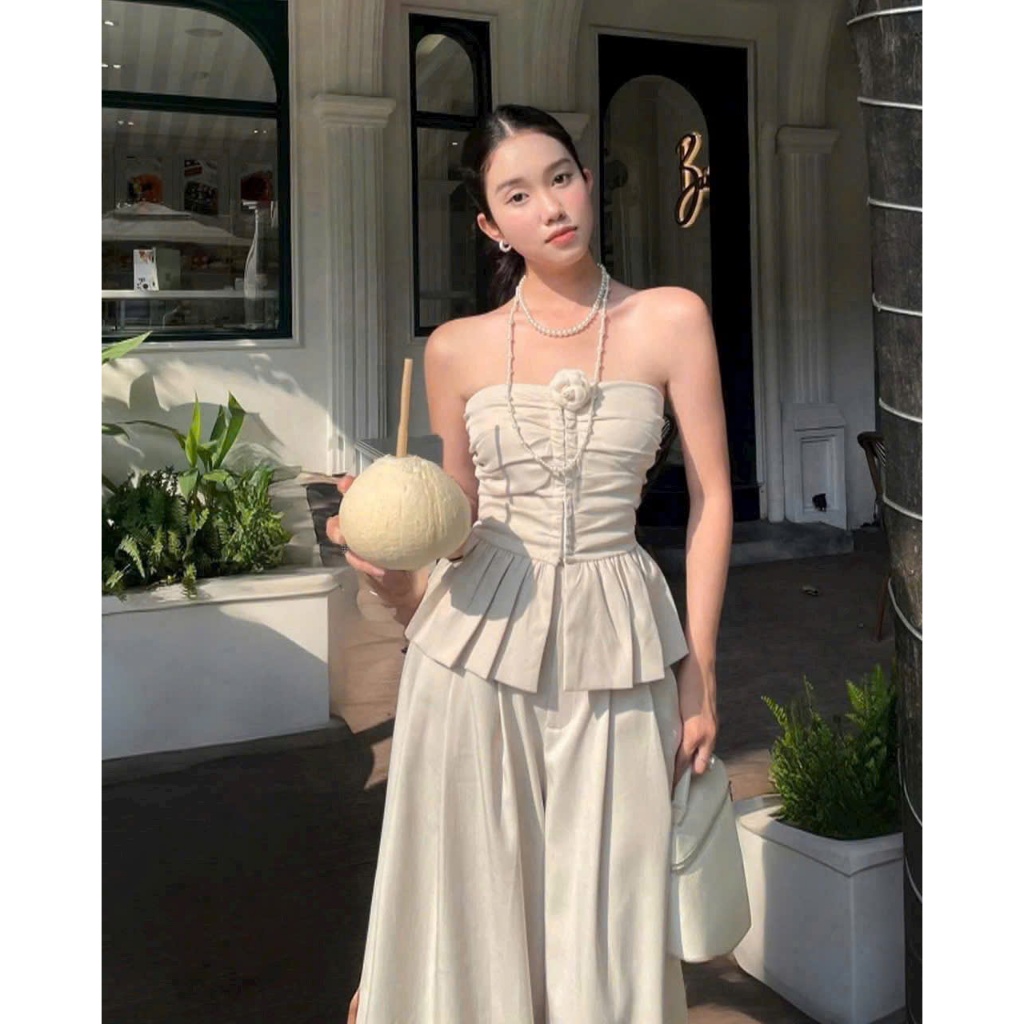 set đồ nữ 2 món sang trọng_áo quây peplum + quần ống rộng lưng cao chất vải đũi mềm mát