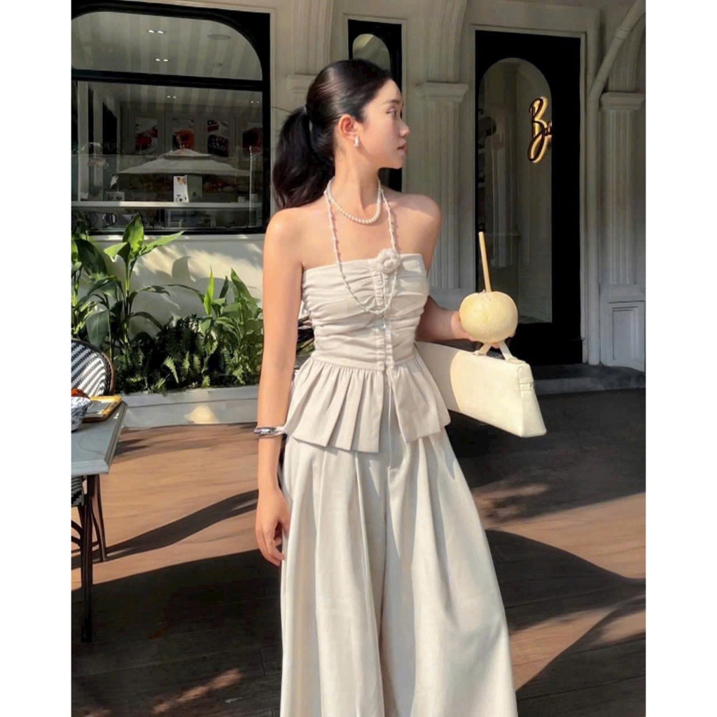 set đồ nữ 2 món sang trọng_áo quây peplum + quần ống rộng lưng cao chất vải đũi mềm mát