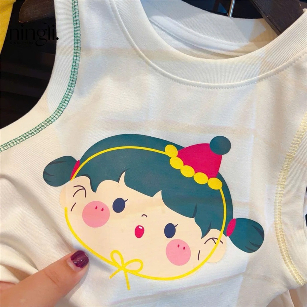 (Order) Bộ quần áo sát nách quần dài ống xuông hoạ tiết hình cô gái đáng yêu dành cho bé gái