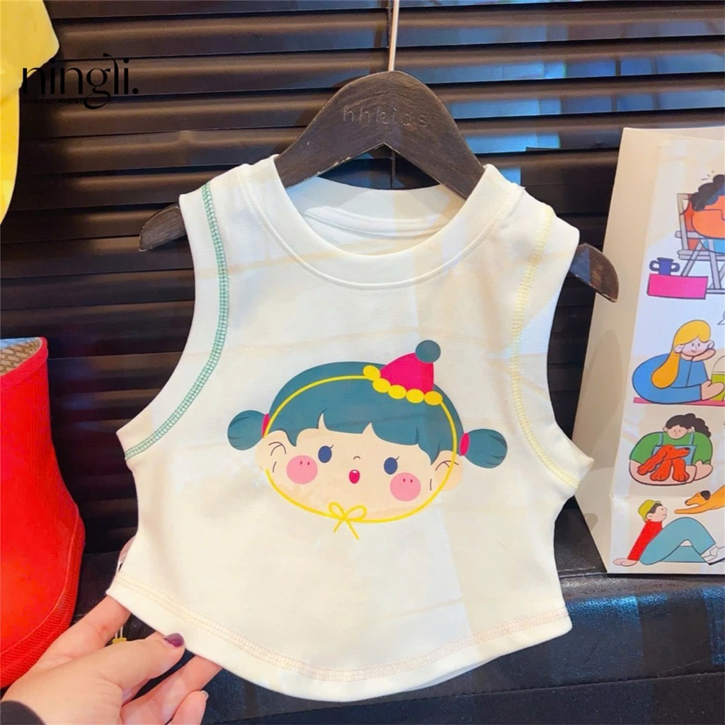 (Order) Bộ quần áo sát nách quần dài ống xuông hoạ tiết hình cô gái đáng yêu dành cho bé gái