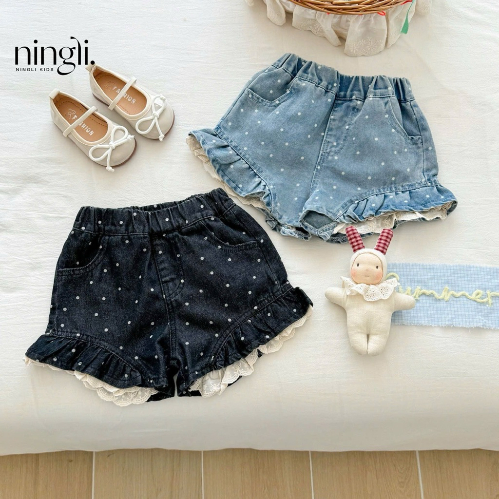 (Order) Quần sooc jean bèo chấm bi cạp chun hàng loại 1 dành cho bé gái