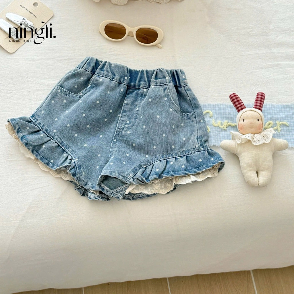 (Order) Quần sooc jean bèo chấm bi cạp chun hàng loại 1 dành cho bé gái