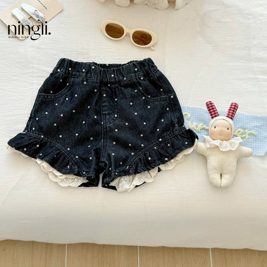 (Order) Quần sooc jean bèo chấm bi cạp chun hàng loại 1 dành cho bé gái