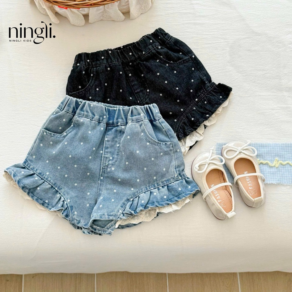 (Order) Quần sooc jean bèo chấm bi cạp chun hàng loại 1 dành cho bé gái