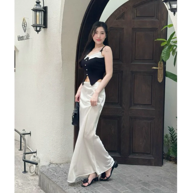 ( Lụa 2 lớp dài 100cm ) Chân váy lụa dáng đuôi cá sang trọng Unnie Váy lụa a dài tôn dáng- V08