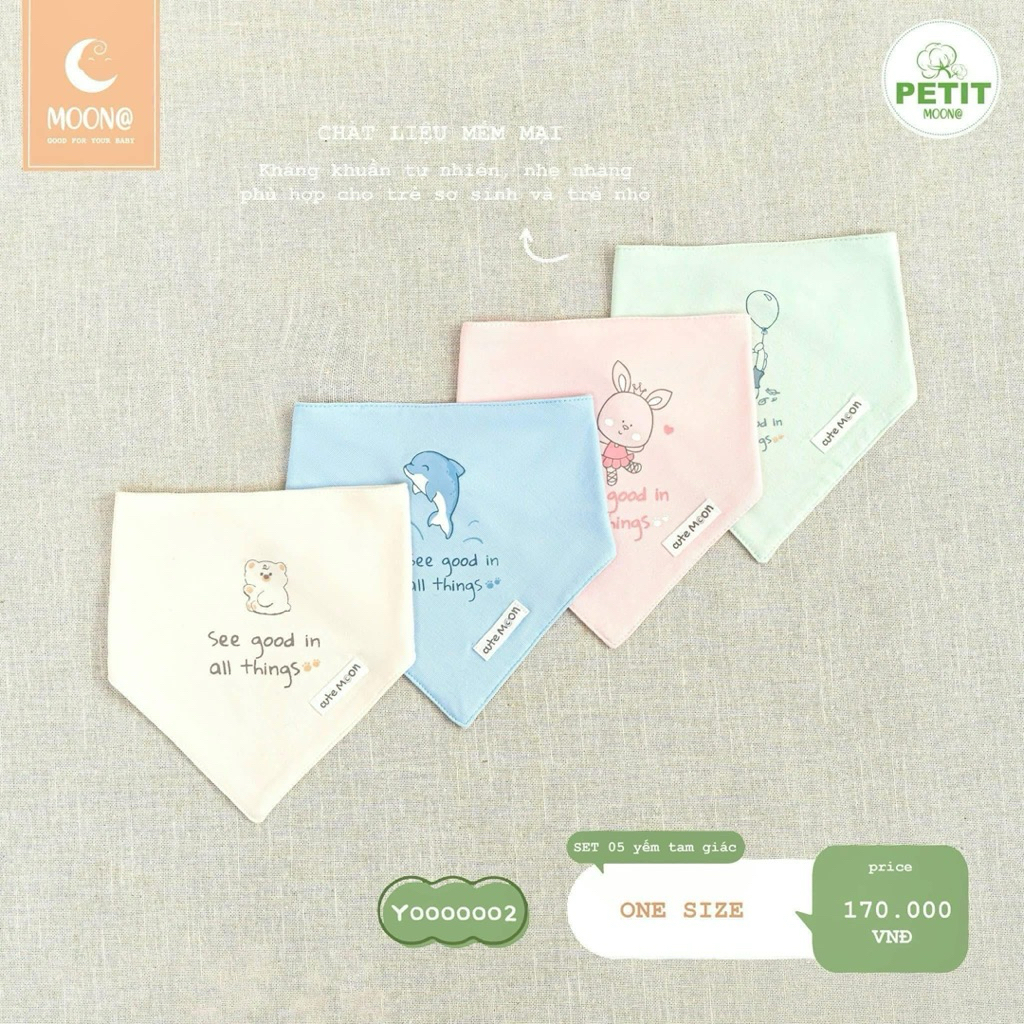 1sét 5 chiếc Yếm tam giác Moon chất liệu Petit cho bé trai bé gái