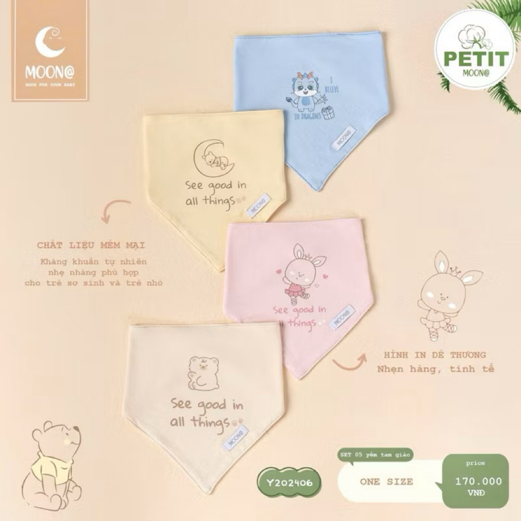 1sét 5 chiếc Yếm tam giác Moon chất liệu Petit cho bé trai bé gái