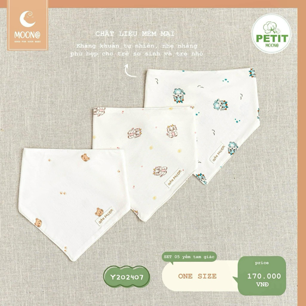 1sét 5 chiếc Yếm tam giác Moon chất liệu Petit cho bé trai bé gái