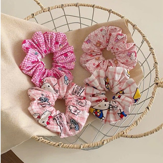 Scrunchies dây cột tóc màu hồng hoạ tiết mèo xinh xắn cho bé gái