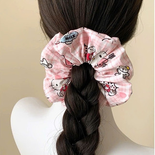 Scrunchies dây cột tóc màu hồng hoạ tiết mèo xinh xắn cho bé gái