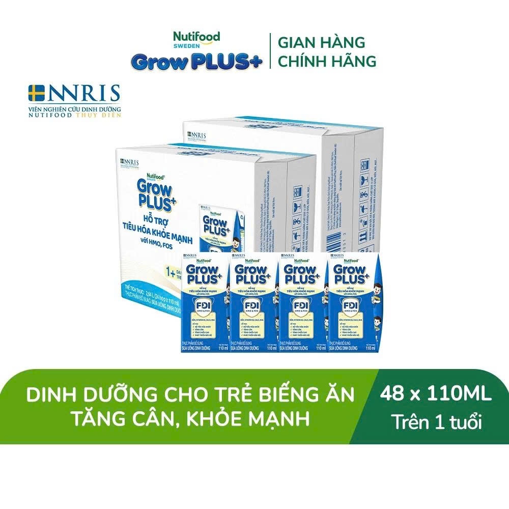 Combo 2 Sữa bột pha sẵn Nutifood Sweden GrowPLUS+ Tiêu Hóa (Xanh Nhạt) 1+ - Tiêu hóa khỏe, tăng cân (48 hộp x 110ml)