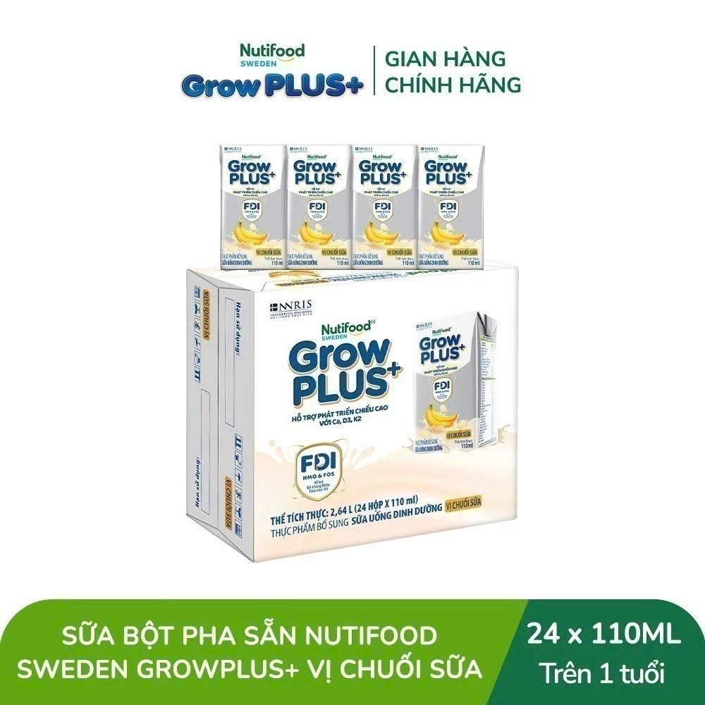 [LIVESTREAM KOL] Thùng 24 hộp Sữa bột pha sẵn Nutifood Sweden GrowPLUS+ Vị Chuối Sữa hộp 110ml (24 x 110ml)