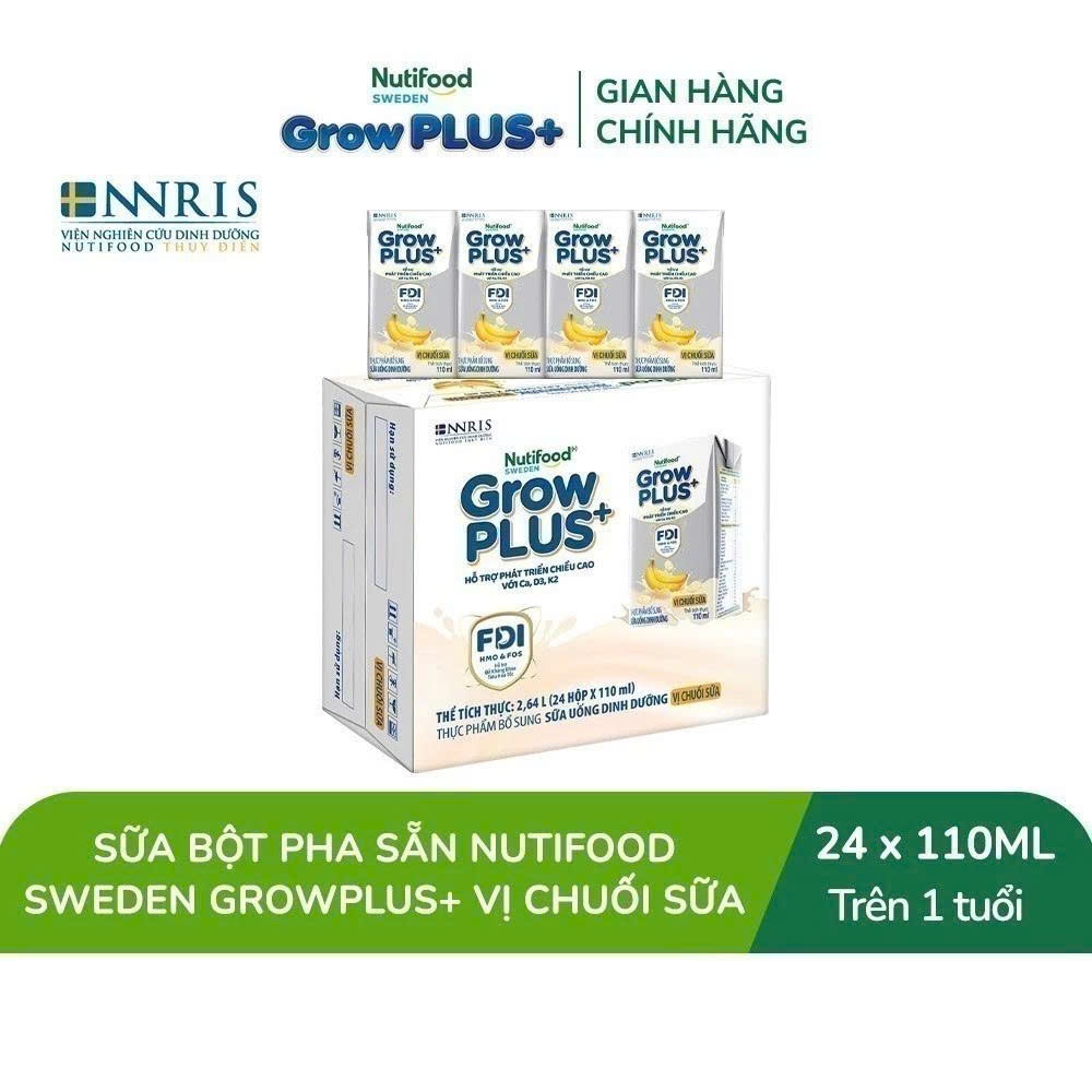 [LIVESTREAM KOL] Thùng 24 hộp Sữa bột pha sẵn Nutifood Sweden GrowPLUS+ Vị Chuối Sữa hộp 110ml (24 x 110ml)