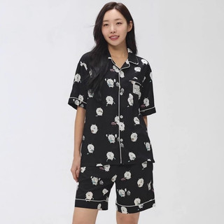 SPAO x tự chế giễu gấu 25ss mới pajama ngắn T cùng một người đàn ông và phụ nữ cùng một bộ đồ ngủ gia đình áo ngủ ngắn t
