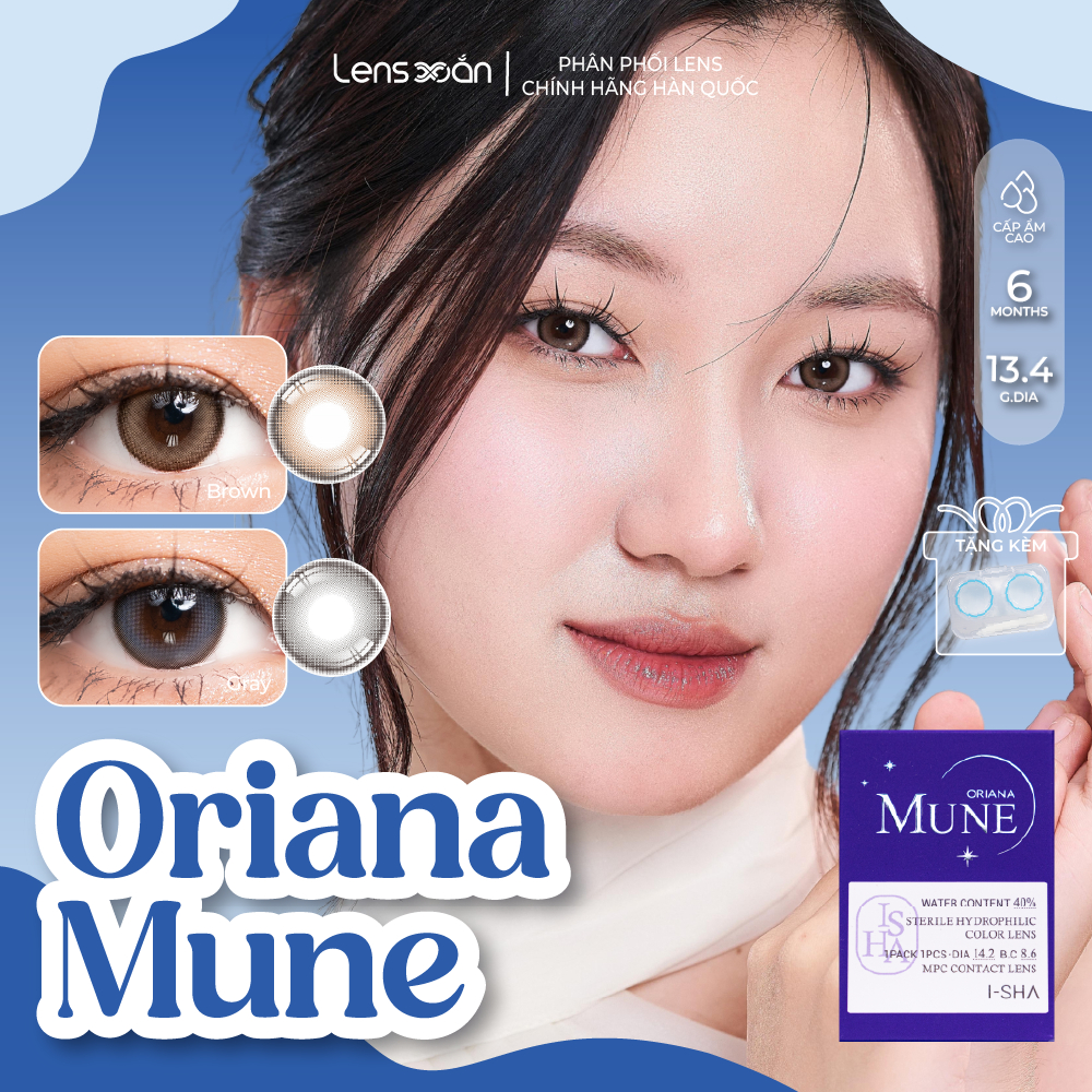 Kính áp tròng cận 6 tháng LENS XOẮN lens tự nhiên nâu xám trong veo hàn quốc ISHA ORIANA MUNE