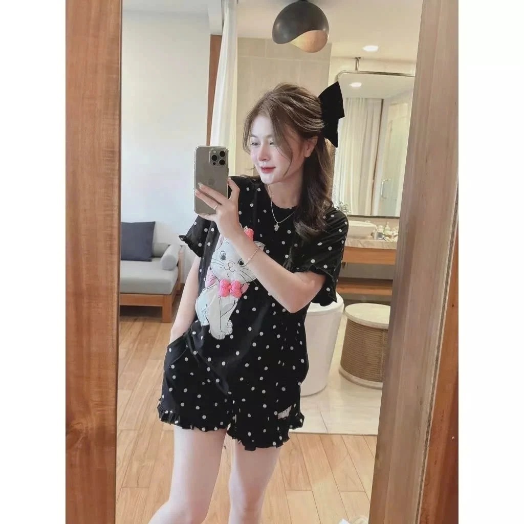 Sét Bộ Đùi Nữ Hoạ Tiết Chấm Bị In Mèo Nơ Dễ Thương 100% Chất Liệu Thun cotton Mềm Co Dãn Cao Cấp