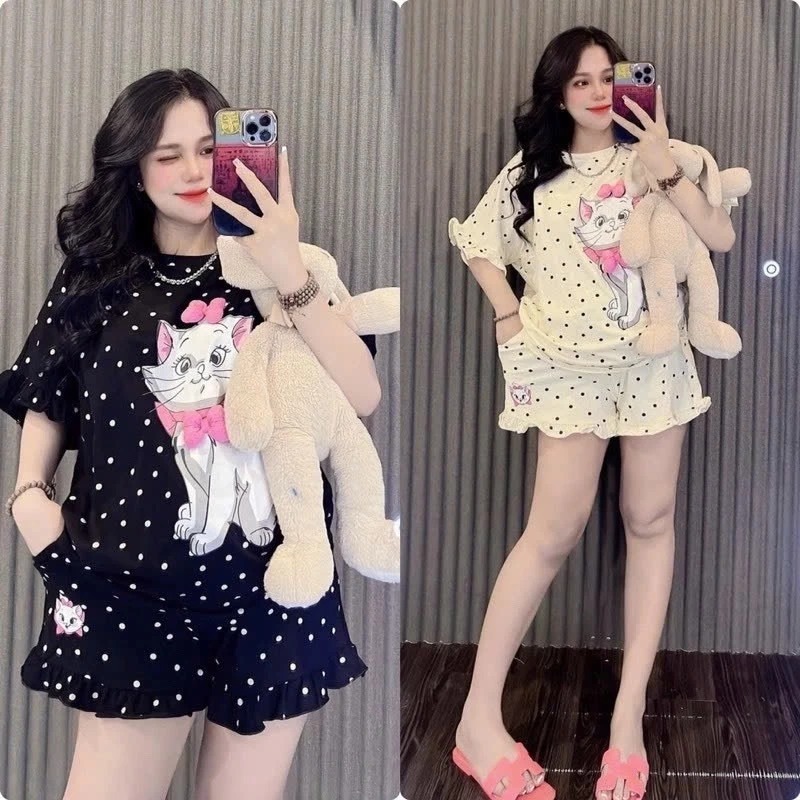 Sét Bộ Đùi Nữ Hoạ Tiết Chấm Bị In Mèo Nơ Dễ Thương 100% Chất Liệu Thun cotton Mềm Co Dãn Cao Cấp