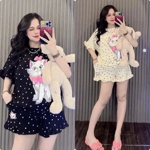 Sét Bộ Đùi Nữ Hoạ Tiết Chấm Bị In Mèo Nơ Dễ Thương 100% Chất Liệu Thun cotton Mềm Co Dãn Cao Cấp