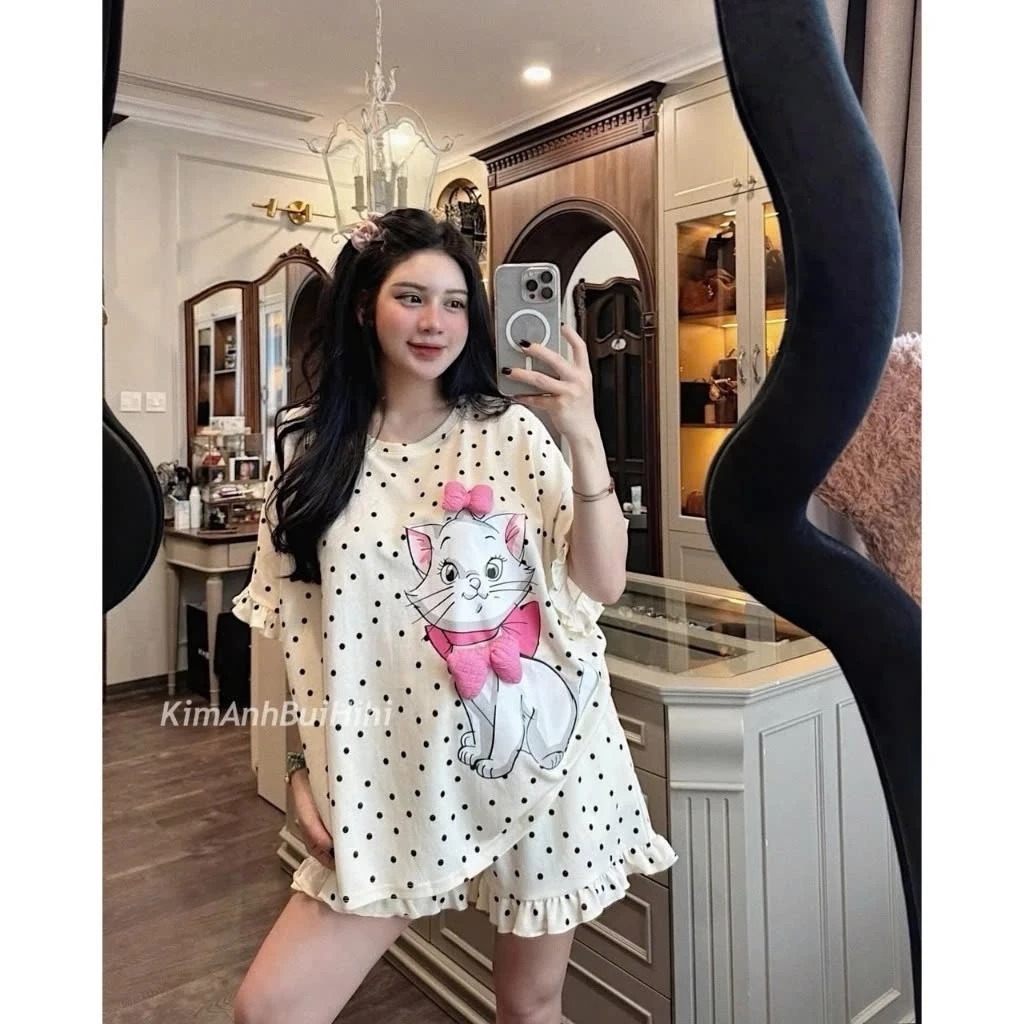 Sét Bộ Đùi Nữ Hoạ Tiết Chấm Bị In Mèo Nơ Dễ Thương 100% Chất Liệu Thun cotton Mềm Co Dãn Cao Cấp