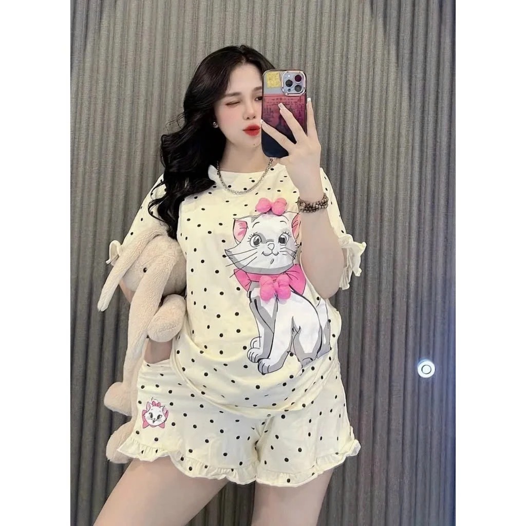 Sét Bộ Đùi Nữ Hoạ Tiết Chấm Bị In Mèo Nơ Dễ Thương 100% Chất Liệu Thun cotton Mềm Co Dãn Cao Cấp