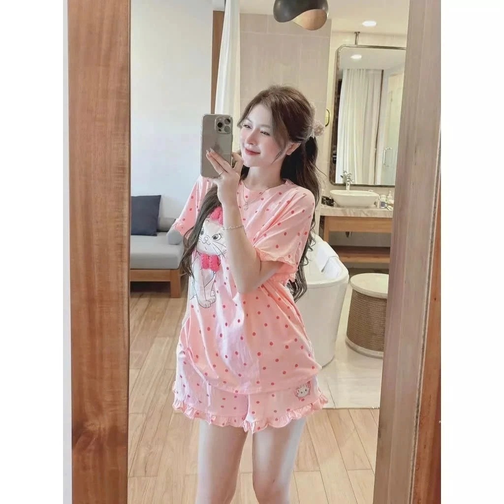 Sét Bộ Đùi Nữ Hoạ Tiết Chấm Bị In Mèo Nơ Dễ Thương 100% Chất Liệu Thun cotton Mềm Co Dãn Cao Cấp