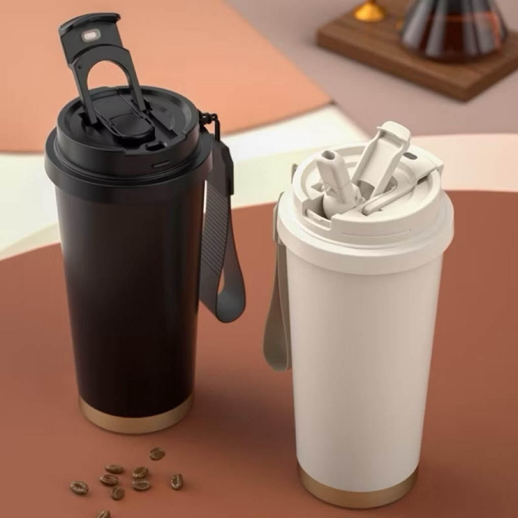 Bình Giữ Nhiệt Có Ống Hút Cao Cấp, Bình Inox 316 Lót Gốm Có Quai Cầm Coffee Tiện Lợi Giữ Nhiệt Tốt
