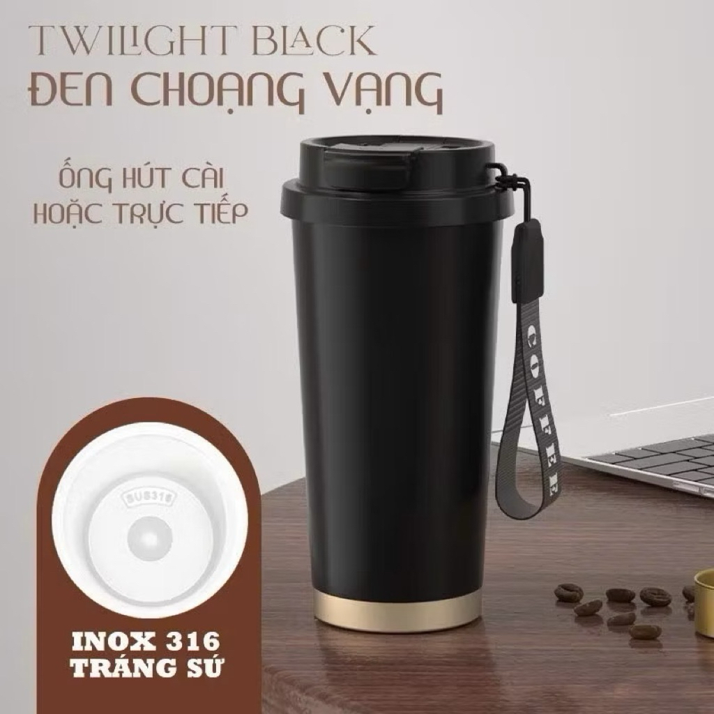 Bình Giữ Nhiệt Có Ống Hút Cao Cấp, Bình Inox 316 Lót Gốm Có Quai Cầm Coffee Tiện Lợi Giữ Nhiệt Tốt
