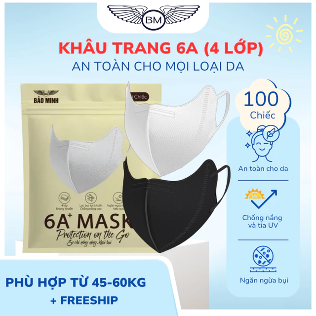 [ thùng 100 chiếc ] Khẩu trang 6a Bảo Minh ( 60kg) khẩu trang 4 lớp kháng khuẩn, chống nắng, tia uv