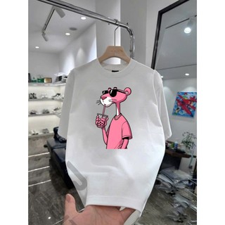 Áo thun hoạt hình Báo hồng uống trà sữa BH01 unisex nam nữ form rộng 100% Cotton