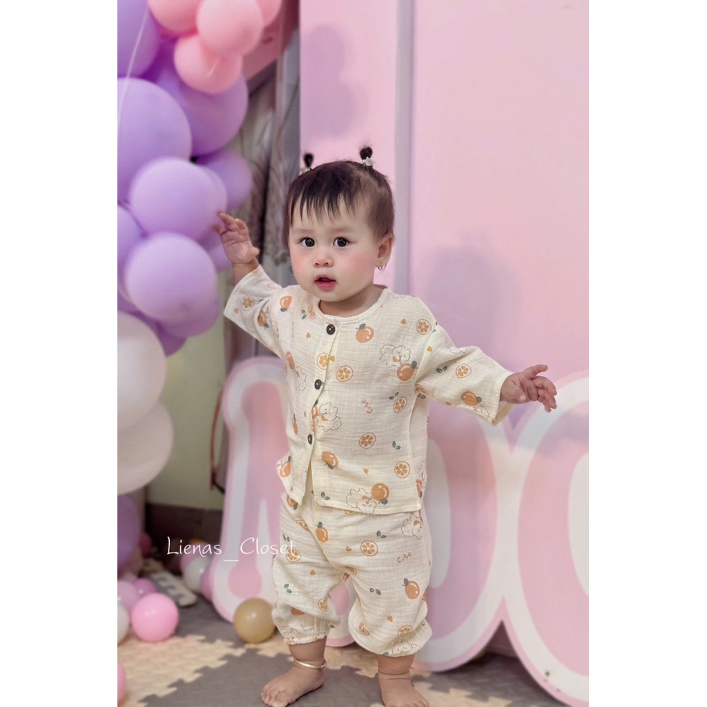 Bộ Đồ Dài Tay Cho Bé Cổ Tròn Khuy Cài Vải Xô Muslin Mềm Mịn Thoáng Mát, Quần Áo Trẻ Em 5–21kg Tiệm Nhà Bơ