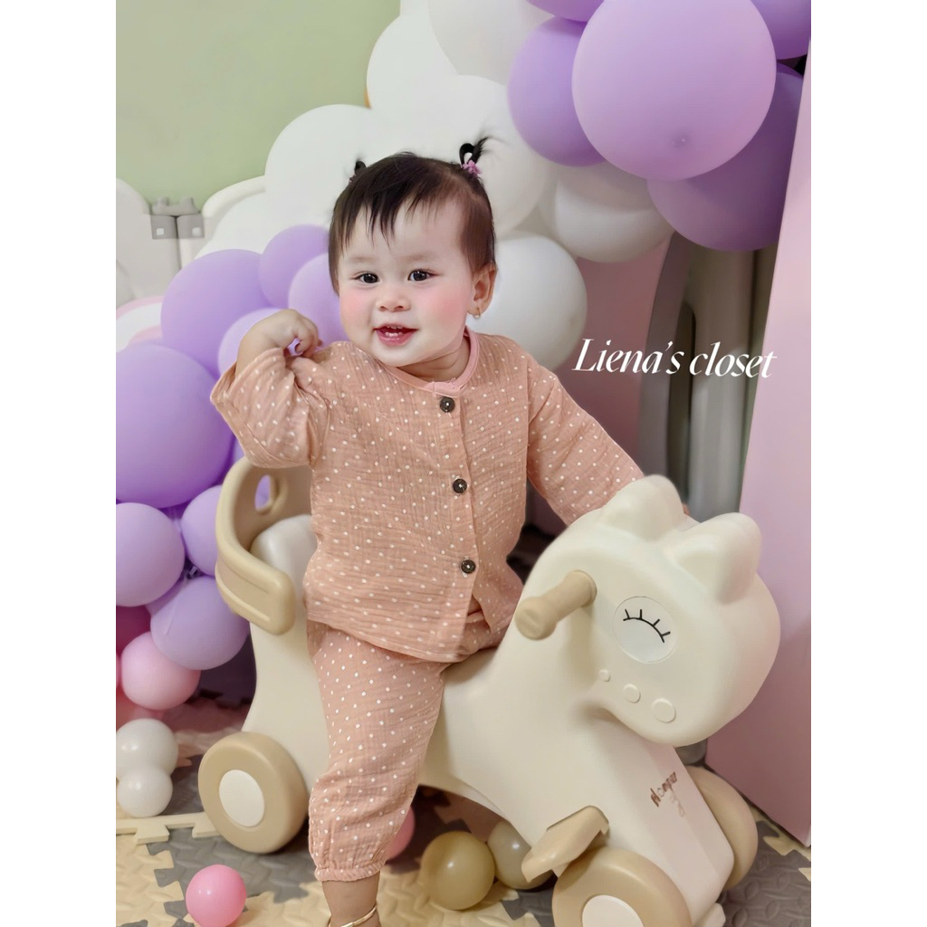 Bộ Đồ Dài Tay Cho Bé Cổ Tròn Khuy Cài Vải Xô Muslin Mềm Mịn Thoáng Mát, Quần Áo Trẻ Em 5–21kg Tiệm Nhà Bơ