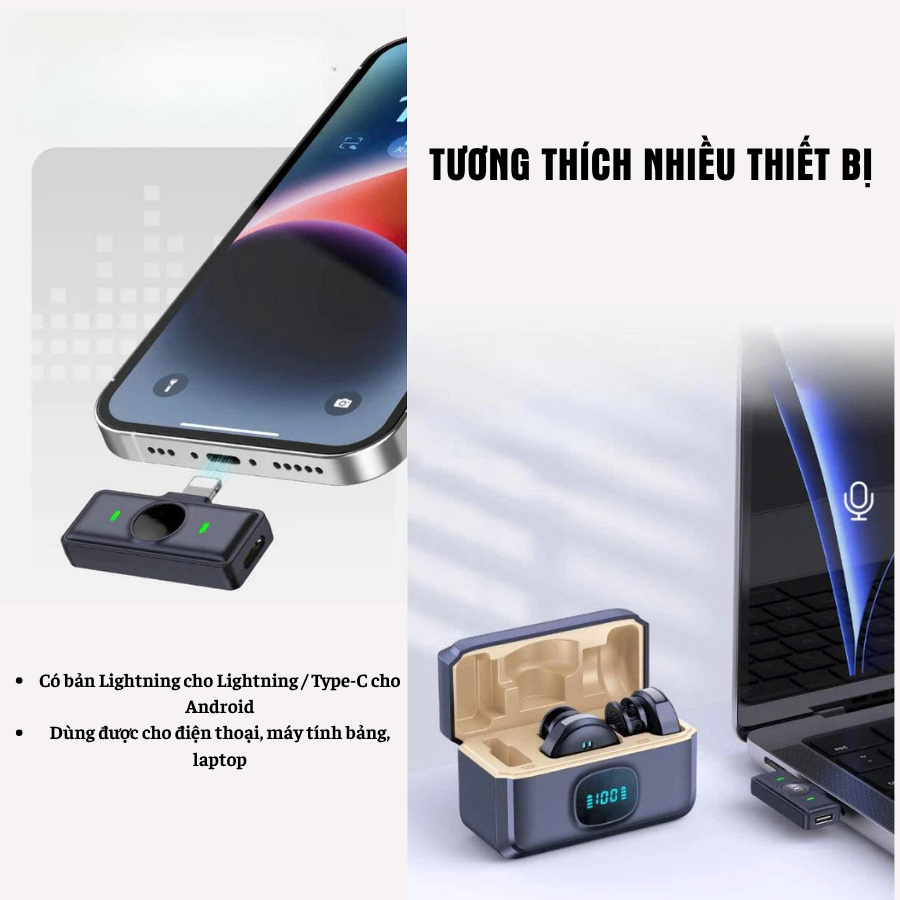 Micro Không Dây Mini ,Mic Kèm Hộp Sạc – Pin 40 Giờ, Thu Âm Rõ Nét, Dùng Cho Điện Thoại,Máy Tính Livestream, Phỏng Vấn