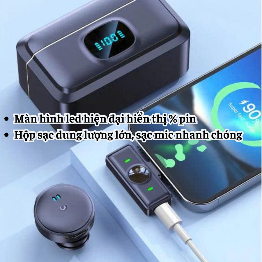 Micro Không Dây Mini ,Mic Kèm Hộp Sạc – Pin 40 Giờ, Thu Âm Rõ Nét, Dùng Cho Điện Thoại,Máy Tính Livestream, Phỏng Vấn