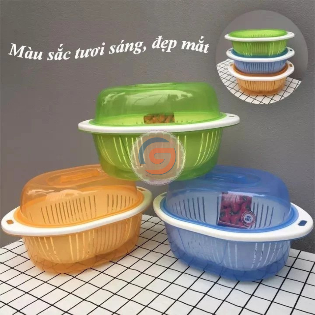 Bộ rổ chậu rửa rau 3 món Song Long có nắp đậy - nhựa dày, đa năng dễ dùng trong bếp