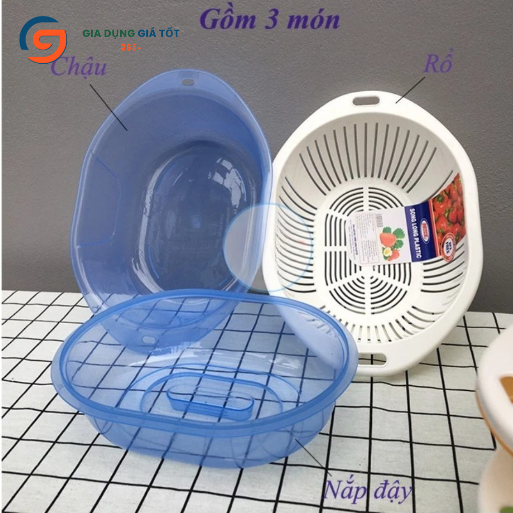 Bộ rổ chậu rửa rau 3 món Song Long có nắp đậy - nhựa dày, đa năng dễ dùng trong bếp