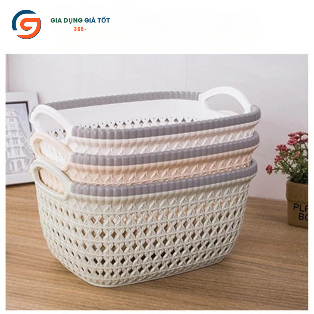Giỏ nhựa giả mây đựng đồ đa năng Song Long - Rổ đựng quần áo có tay cầm phong cách Hàn Quốc