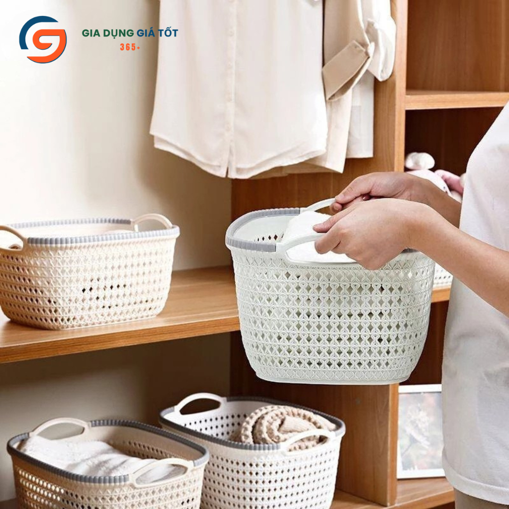 Giỏ nhựa giả mây đựng đồ đa năng Song Long - Rổ đựng quần áo có tay cầm phong cách Hàn Quốc