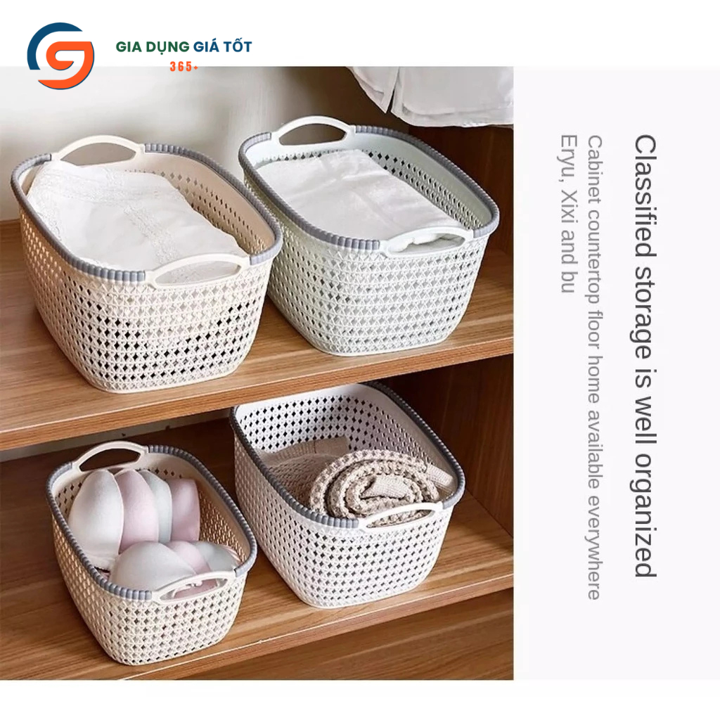 Giỏ nhựa giả mây đựng đồ đa năng Song Long - Rổ đựng quần áo có tay cầm phong cách Hàn Quốc