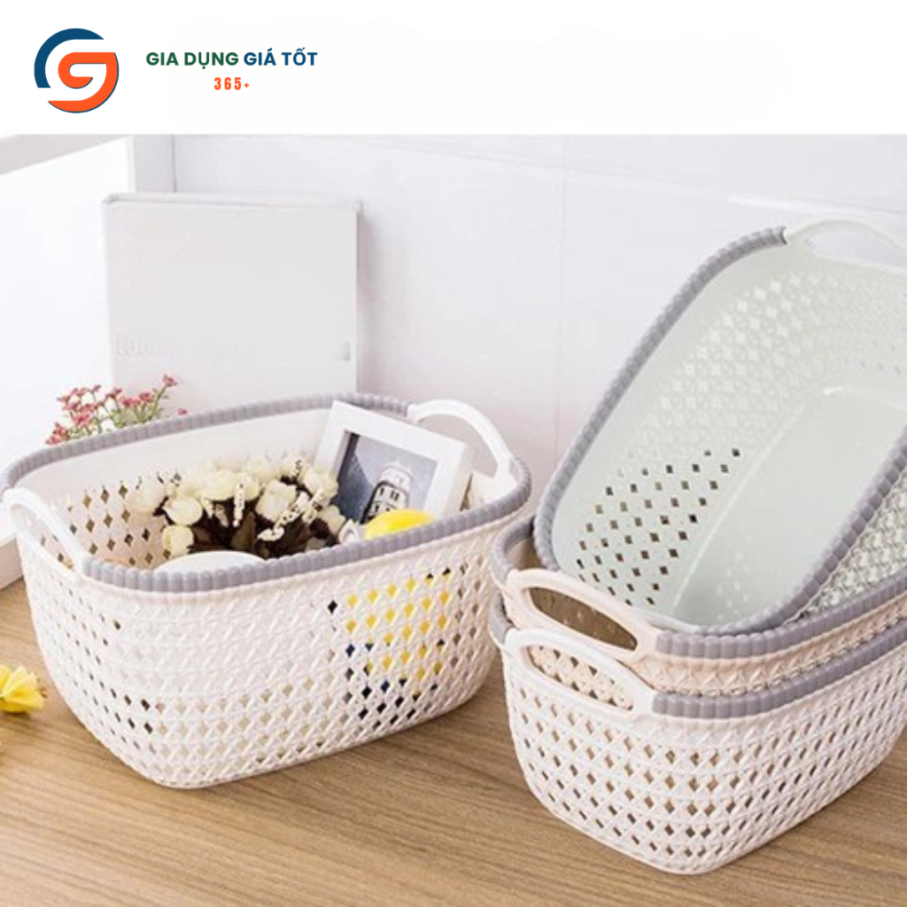 Giỏ nhựa giả mây đựng đồ đa năng Song Long - Rổ đựng quần áo có tay cầm phong cách Hàn Quốc