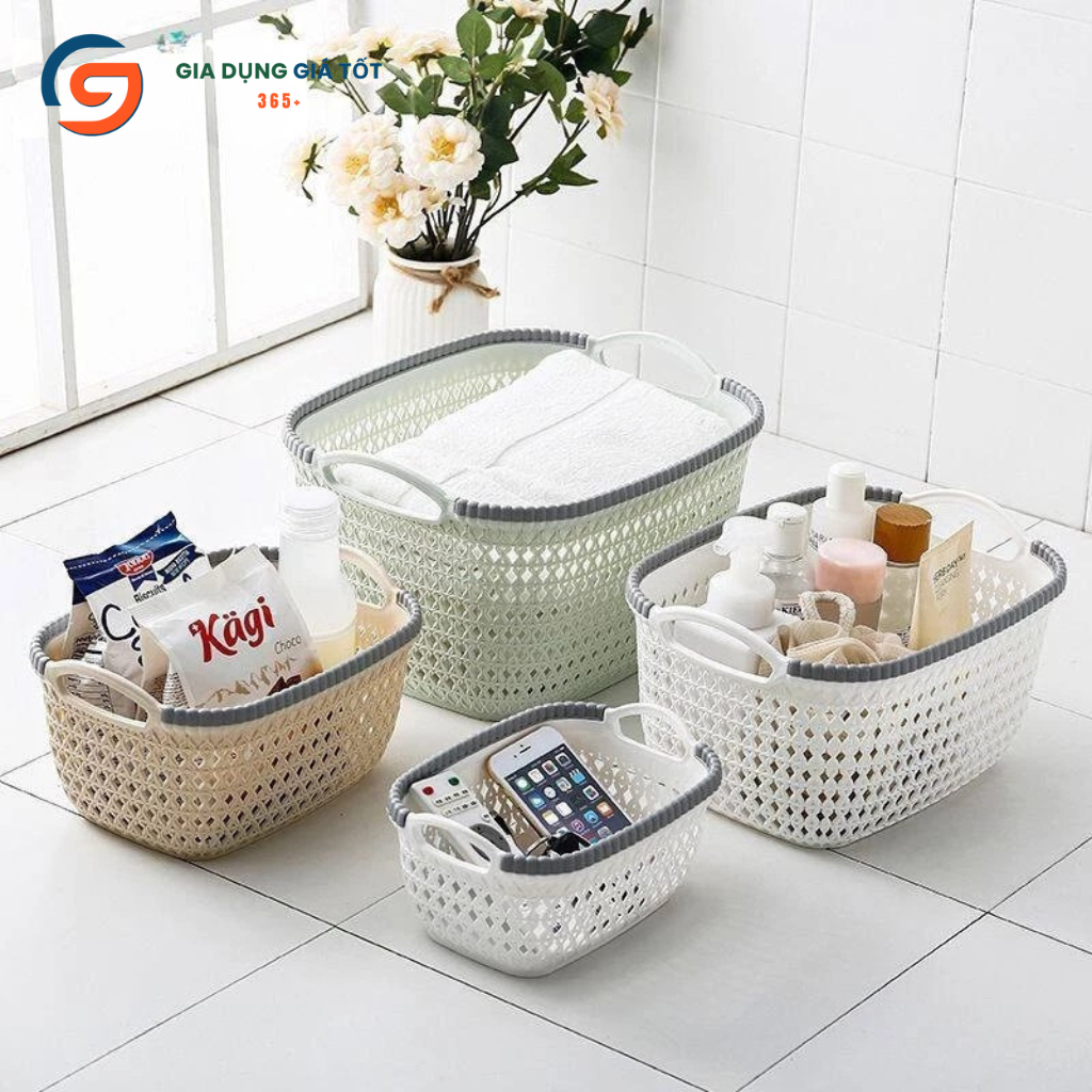 Giỏ nhựa giả mây đựng đồ đa năng Song Long - Rổ đựng quần áo có tay cầm phong cách Hàn Quốc