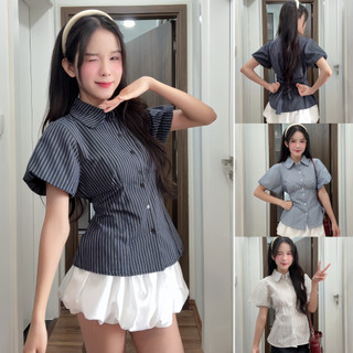 Áo Sơ Mi Kẻ Sọc tay Bồng Kèm Dây Buộc Lưng Eo Tôn Dáng HaChang - A11