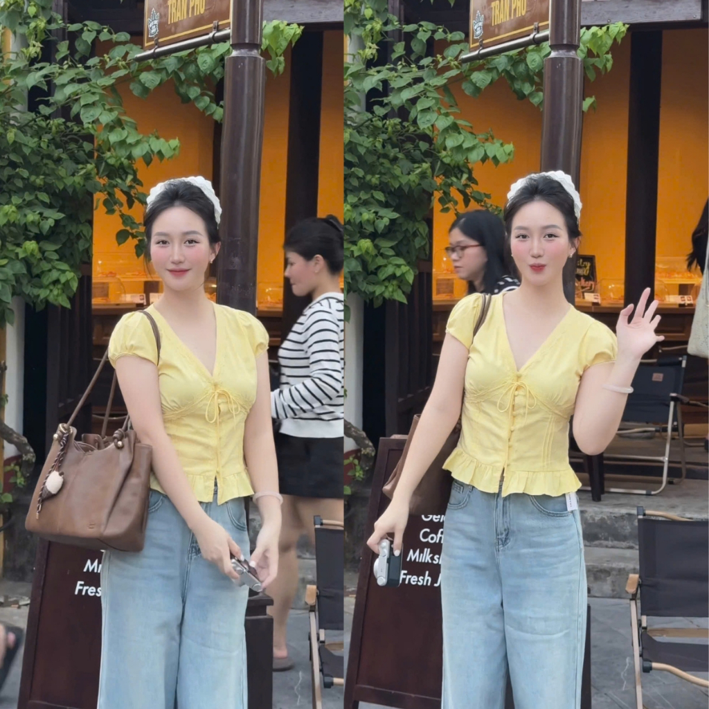 EMLY - Áo Sơ Mi Đũi Cổ Tim Phối Ren Có Nơ Dáng Babydoll, Áo Kiểu Nữ Mùa Hè Xinh Style Hàn Quốc