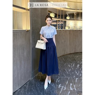Set Váy Công Sở Thanh Lịch La Rosa Thiết Kế Áo Sơ Mi Kẻ Ngắn Tay Phối Chân Váy Dài Xếp Ly Tôn Dáng S903