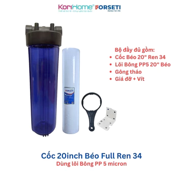 Cốc Béo 20 inch Đầy đủ phụ kiện Cho Lọc Tổng Đầu Nguồn, Bộ Cốc 20" Béo Ren 34 Dùng Lõi Bông/CTO/CATION//PVDF Siêu Lọc