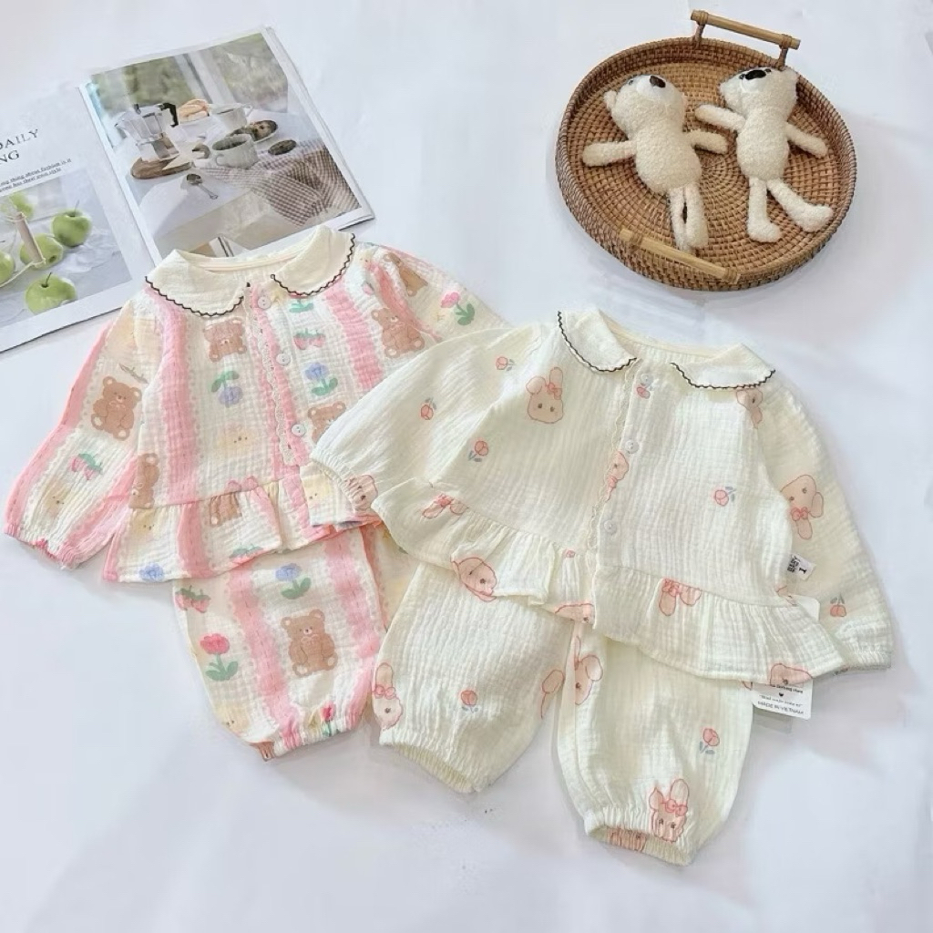 Bộ Pizama Dài Tay Bé Gái Cổ Sen Cài Cúc Cho Bé Yêu Siêu Xinh Nhà Liena'S Closet